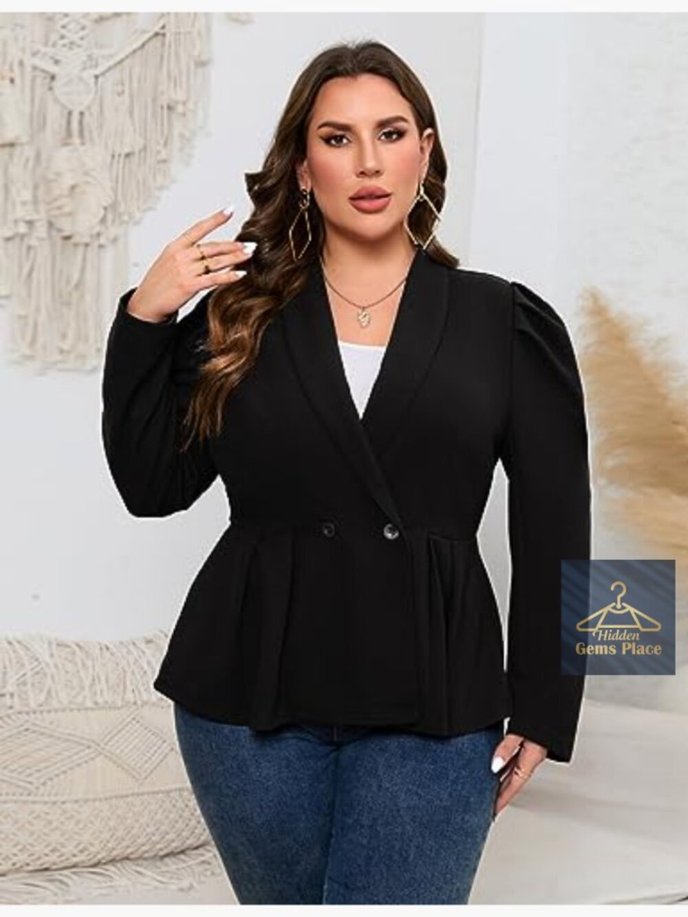 Plus Size Curve-Hugging Peplum Knit Blazer with Shawl Lapel & Puff Shoulders - Picture 2 of 6